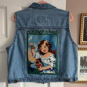 Hand Embroidered Denim Vest with Needlepoint Design
